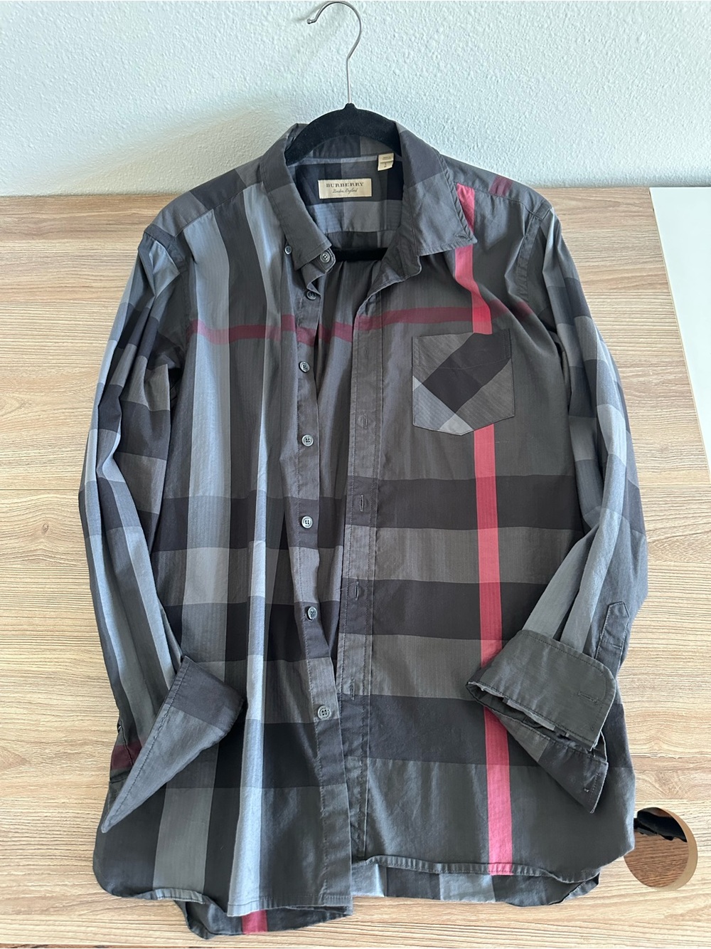 Burberry Men's Gray Plaid Button-Down Shirt with Red Stripe